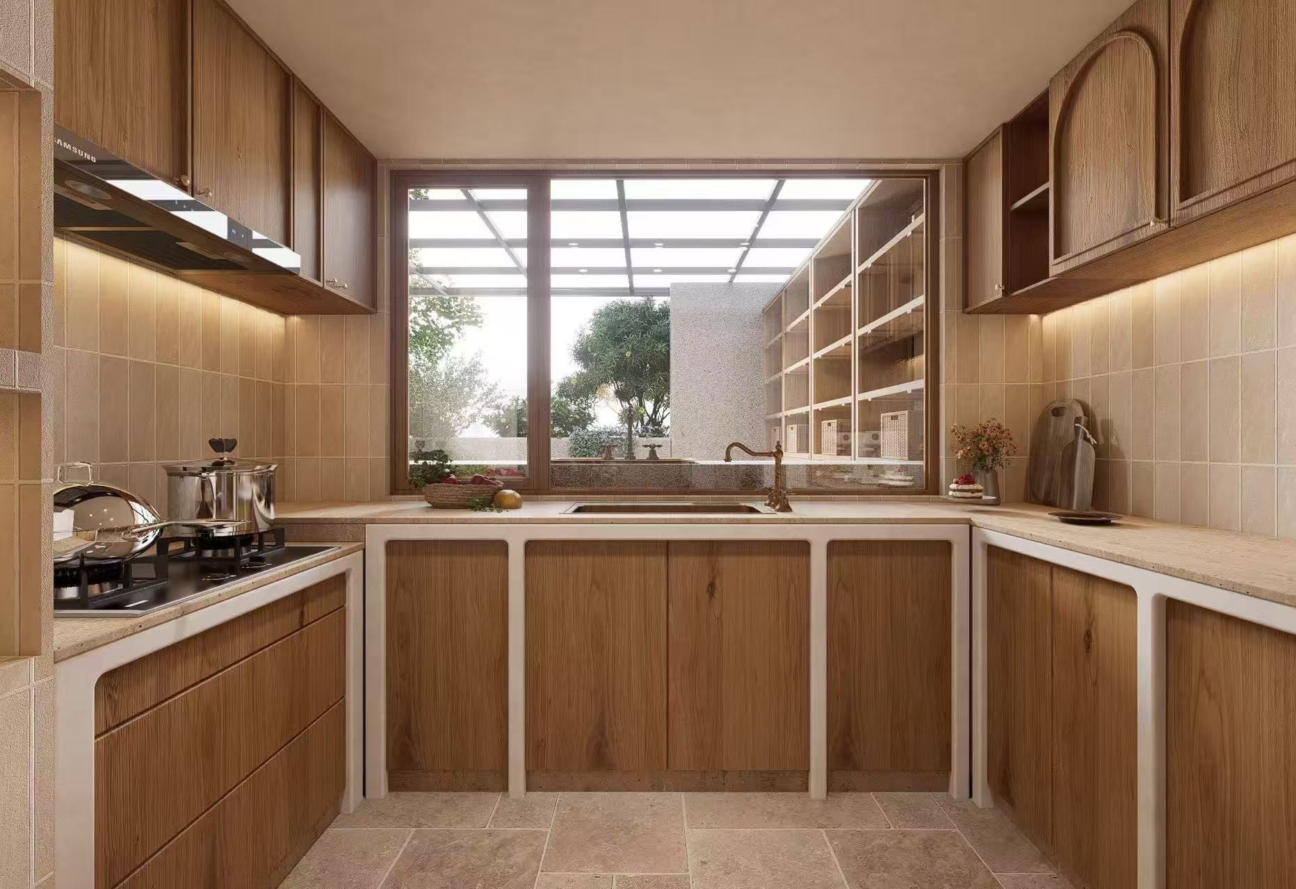 Wood-tone kitchen cabinetry supplied as a visual reference